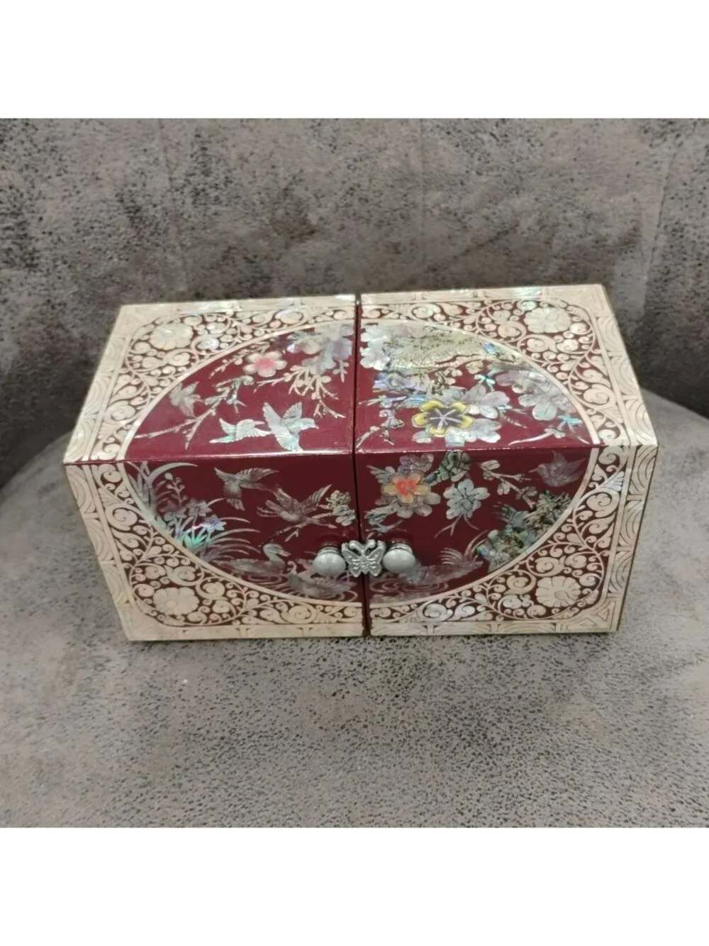 Vintage Korean Mother of Pearl Jewelry Box Red Lacquerware Folding 4 Drawer